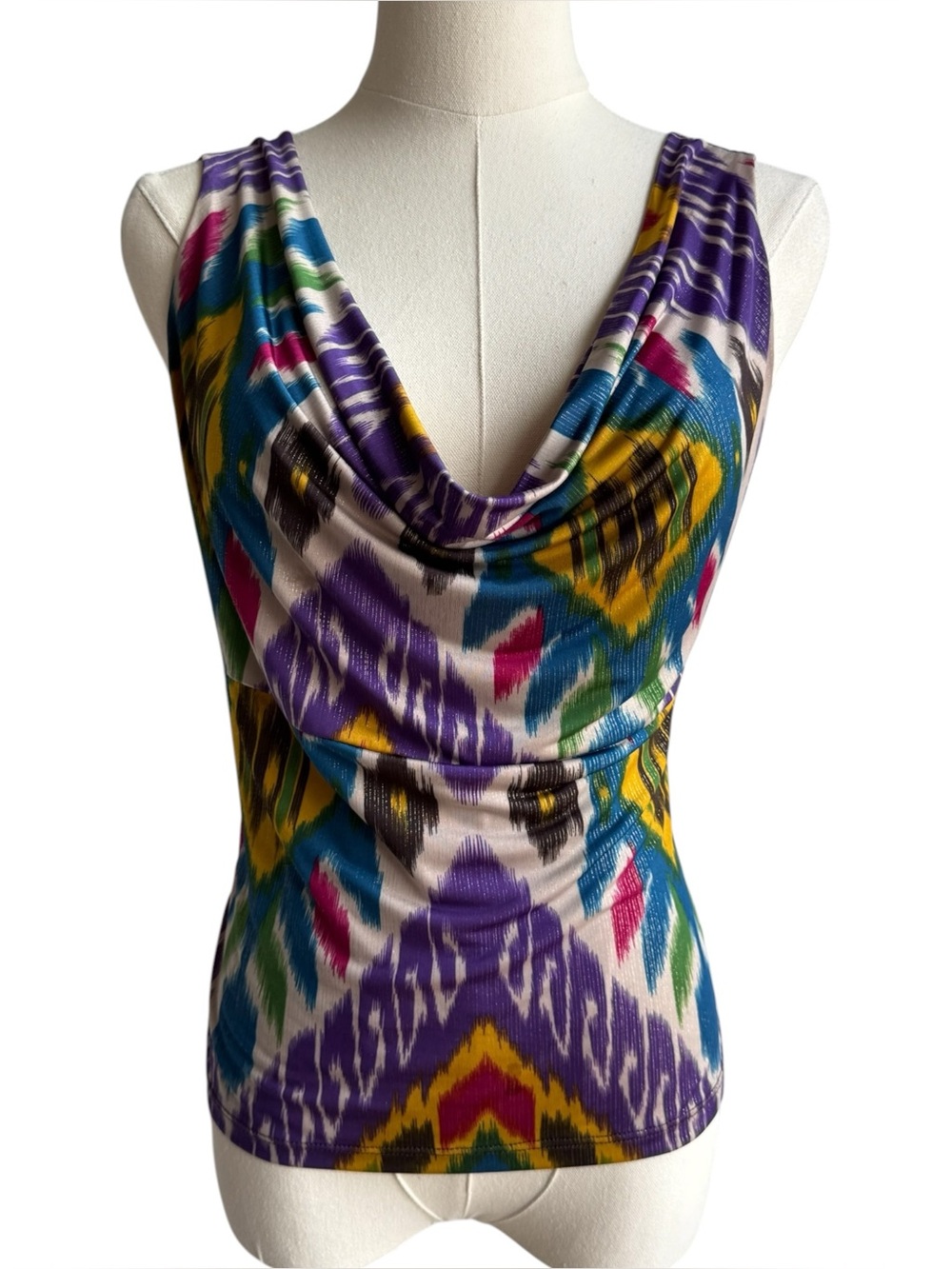 Vintage Y2K Colorful Ikat Print Cowl Neck Top Sz Small Festival Boho Fitted Sexy